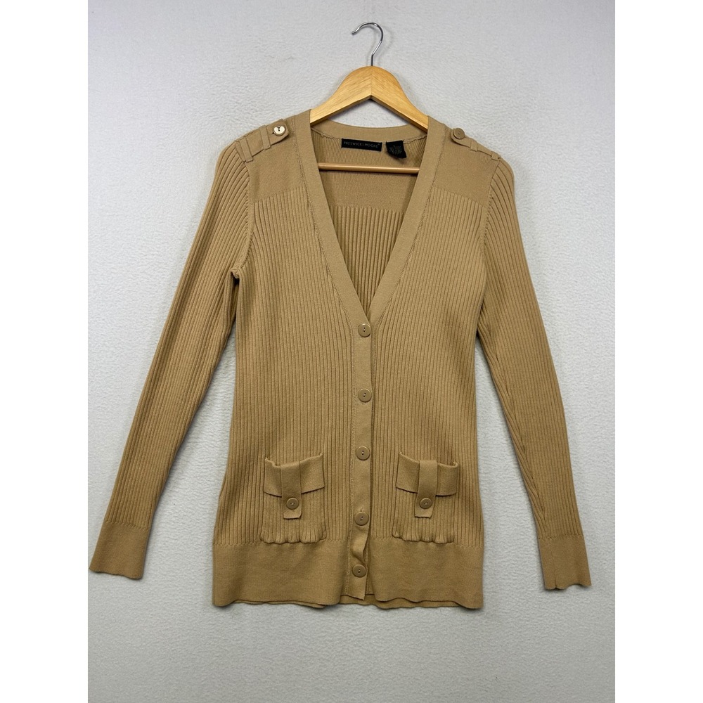 Military Chic Preswick & Moore Women Large Camel Tan Ribbed Button Cardigan Top